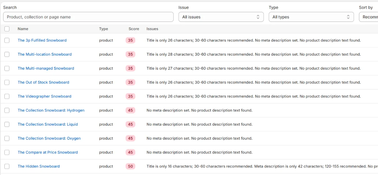 Fexa AI catalogue in the Shopify admin: products listed with an SEO score and issues such as a title of only 26 characters, no meta description set, and no product description text.