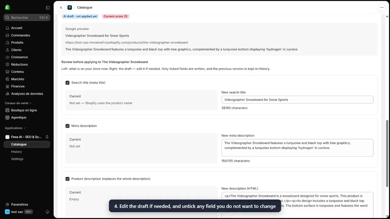 Fexa AI review screen from the demo video: a draft search title and meta description next to the current content.
