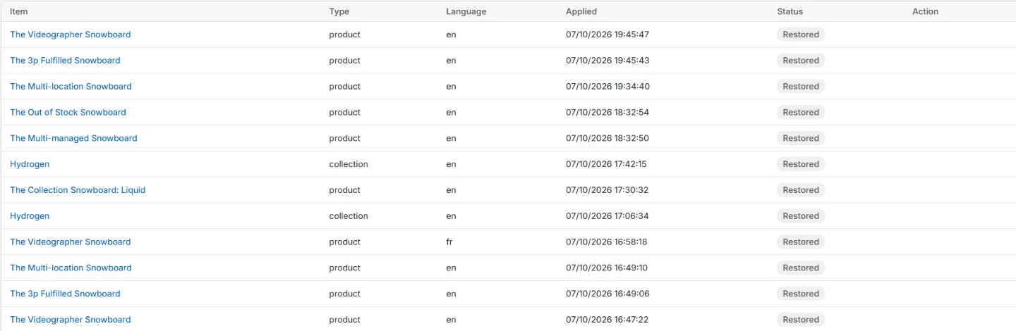 Fexa AI History: applied changes with their date and status, and a Restore original button.